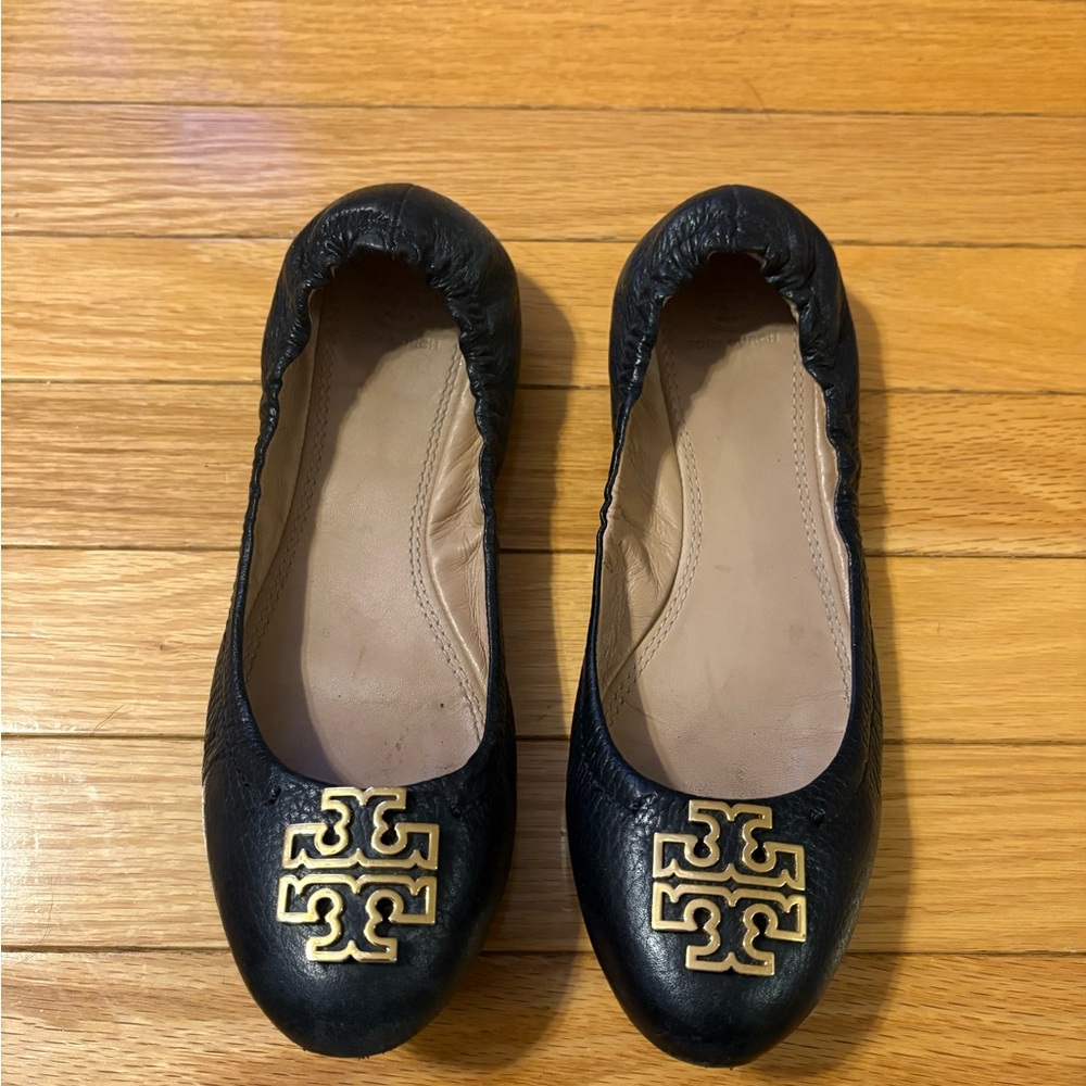 Tory Burch Black Flats with Gold Logo